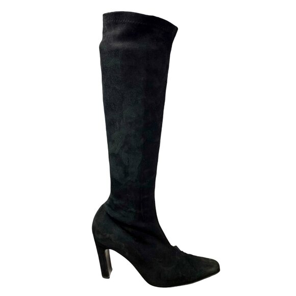 Bergdorf Goodman Black Suede Stretch Pull On Heeled‎ Tall Boots - Picture 2 of 14